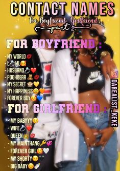 a poster with the words contact names for boyfriend and girlfriend on it's back