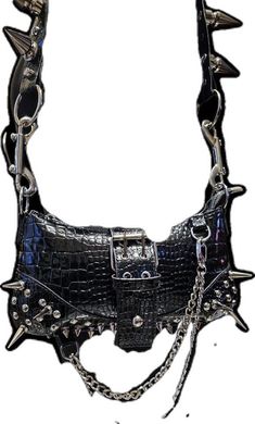 Black Punk Style Evening Bags, Black Punk Evening Bags, Edgy Rectangular Shoulder Bag For Party, Edgy Black Bag With Chain Detail, Black Party Bag With Hardware, Black Party Bag With Hardware Details, Gothic Black Shoulder Bag With Rivets, Black Gothic Shoulder Bag With Rivets, Black Gothic Party Bags