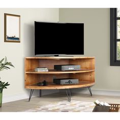 a flat screen tv sitting on top of a wooden shelf next to a plant in a living room