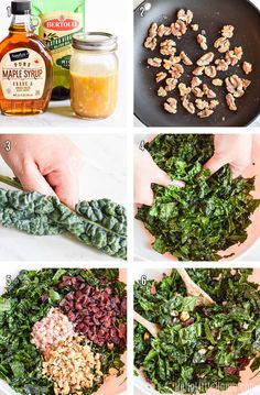 the steps to make kale salad are shown