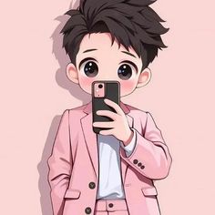 a person holding a cell phone in front of their face and wearing a pink suit