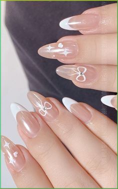 Cute Nails For Graduation, Ribbon Nails, Round Nail Designs, Nails Bow, Short Bow, Bow Nail Designs, Pink White Nails, Nails Extension, Hoco Nails