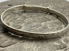 Vintage Solid Sterling Silver Christening Expandable Bangle, Stamped Silver, Internal Diameter 4.8-5.6cm, Width 4mm, Lovely Condition Classic Adjustable Etched Bangle, Adjustable Round Etched Bracelets, Adjustable Etched Round Bracelets, Adjustable Etched Bracelets, Adjustable Etched Round Cuff Bracelet, Adjustable Etched Cuff Bracelet, Adjustable Etched Round Bangle, Adjustable Etched Bangle, Adjustable Round Engraved Bracelet