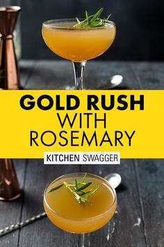 the gold rush with rosemary cocktail is served in coupe glasses