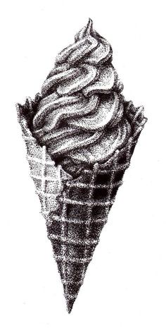 an ice cream cone is shown in this black and white drawing, it appears to be half - eaten