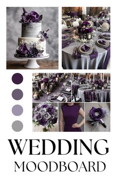 wedding mood board with purple and white flowers on the top, silver table cloth below