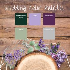 the color palette is purple, green, and grey with some flowers on top of it