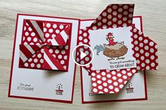 two cards with red and white polka dots on them, one has a cat in the hat