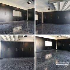 four pictures of an empty garage with black cabinets