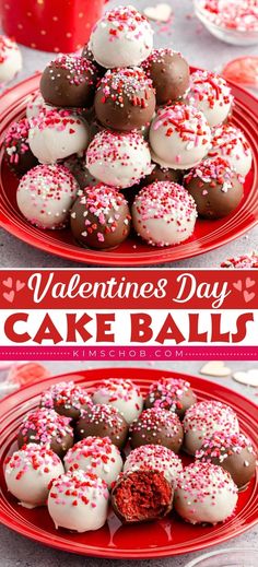 valentine's day cake balls with sprinkles and chocolate on red plates