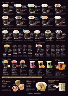 a poster with different types of coffees and drinks on it's sides, all in