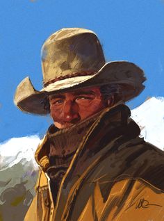 a painting of a man wearing a cowboy hat and coat with mountains in the background