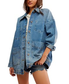 Traditional with a twist, this denim chore jacket from We The Free is featured in an oversized, slightly structured design with patch pockets and that perfect washed finish. Fit: Relaxed, oversized Features: Washed denim fabrication, collared neckline, drop-shoulder sleeves, patch pockets, phantom chest pockets with rivet details, button-front closure Why We <3 It: A timeless jacket that holds endless styling potential. Denim Chore Jacket, Boho Queen, Cropped Leather Jacket, Oversized Denim Jacket, Chore Jacket, Workwear Fashion, The Blues, Denim Jacket Women, Long Sleeve Mini