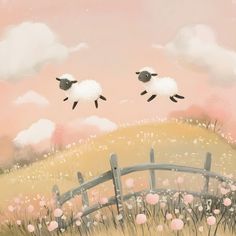 two sheep jumping over a wooden fence into the air with pink clouds in the background