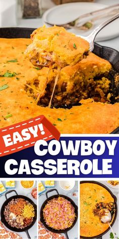 the cowboy casserole is ready to be served in the skillet and eaten