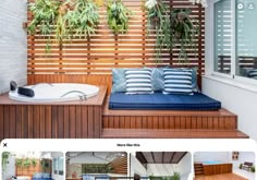 an outdoor hot tub surrounded by wooden slats and plants on the side of it