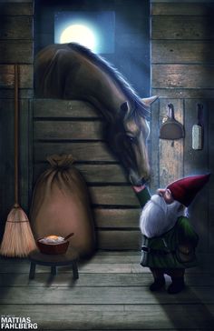 there is a horse and a gnome in the barn