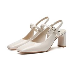 Olivia Mark - Vintage Square Toe High Heels with Chunky Heel and Open Back Design Rough Heels, Roman Sandals, French Retro, Fitness Watch, Shoe Covers, Patent Leather Heels, Milky White, Nude Pink, Color Lines