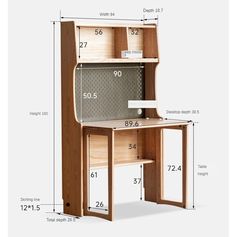 a wooden desk with measurements for the top and bottom section, including an open shelf