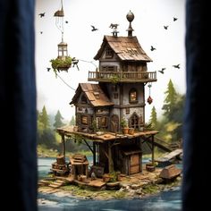 a house on an island with birds flying over it