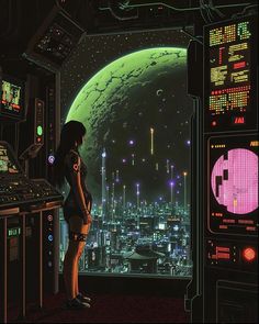 a woman standing in front of a window looking out at a futuristic cityscape