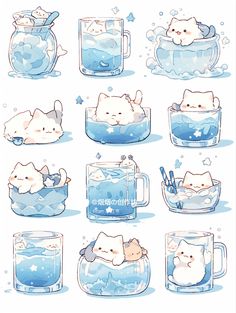 some cats are in the water and drinking from mugs