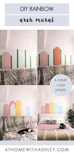 a collage of photos showing how to make a rainbow arch mural for the bedroom