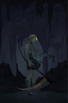 a man standing in the dark with a bow and arrow next to him is an ice cave