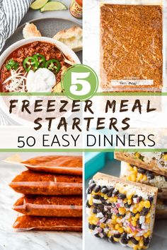 five freezer meals with text overlay that reads 5 freezer meal starterrs 50 easy dinners