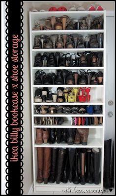 a white shelf filled with lots of shoes