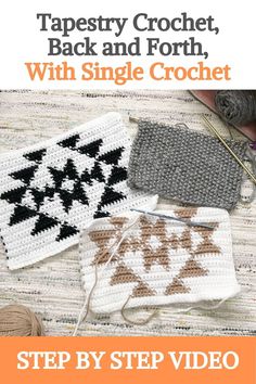 crochet book cover with three different patterns and text that reads, tapestry crochet, back and forth, with single crochet