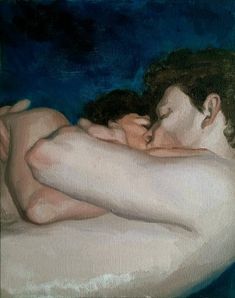 a painting of a man and woman cuddling on top of each other in bed