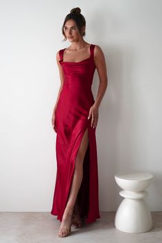 Riviera Soft Satin Maxi Gown | Berry Red Satin Dresses Winter, Satin Pink Prom Dress, Halterneck Prom Dress, Red Long Dress Formal, Debs Dresses Ireland, Magenta Formal Dress, Simple Red Prom Dress, Red Silk Prom Dress, Red Wedding Guest Dress