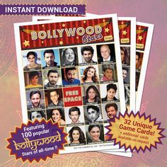 This Bollywood Bingo is perfect for all you movie lovers who cant get enough of Bollywood in your lives!    Featuring 100 well known Hindi Movie Actors and Actresses of all time. Makes a unique game for Weddings, Sangeet, bridal showers, Independence day, Diwali / Eid / Christmas / New Years celebrations or just any get together with your Indian family & friends. Or catch up with everyone online and use it for a virtual party! ( Bonus Idea sheet included on how to play without any printing for a Desi Party, Old Bollywood Actress, Wedding Bingo, Bingo Template, Movie Actors, Indian Family, Female Friendship, Virtual Party, Hindi Movie