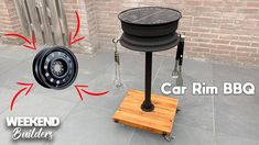 an outdoor bbq is shown with the words, weekend builder car rim bbq