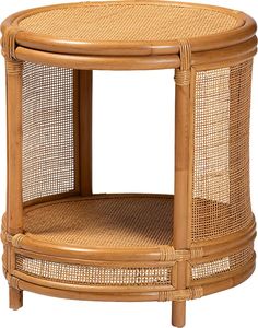 a round wicker side table with one shelf on the top and two shelves at the bottom