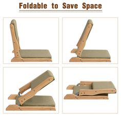 foldable chair to save space in the middle of four different positions with instructions on how to use it