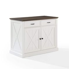 a white cabinet with two doors and drawers on the front, against a white background