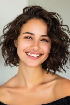 Loose Curls with Side Part Short Curly Hairstyle. Bob With Natural Waves, Layered Short Wavy Haircuts, Slightly Curly Hairstyles, Thick Hair Textured Bob, Short Bob Hairstyles Curly Hair, Curly Hairstyles Bob Natural Curls, Short Hairstyles With Bangs And Layers, Curly Textured Bob