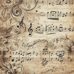 an old sheet music with musical notes and flowers on the page, as if it were written