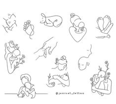 an outline drawing of people and animals in different poses, with one holding a baby