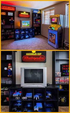 there are two pictures of the same room with video games in it and an arcade machine