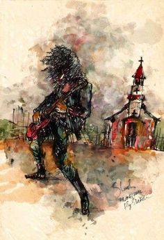 a drawing of a person with a guitar in front of a church and sky background