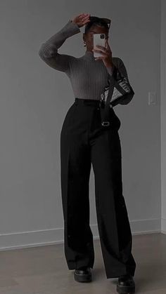 Neutral Fall Work Outfits, Business Casual Fashion Work, Tailored Clothing For Women, Black Fashion Inspo Outfits, Nice Fancy Outfits, Business Casual Friday Outfits For Women, Classy Wide Leg Pants Outfit, Fitted Wide Leg Pants Outfit, Business Aesthetic Woman Outfit