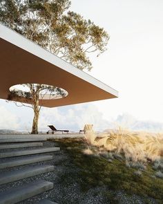 an outdoor area with stairs, grass and trees