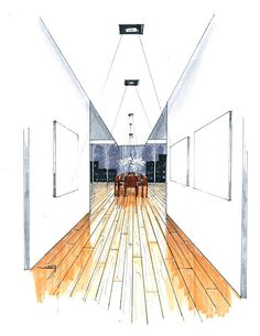 a drawing of an empty room with wooden floors