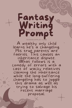 an advertisement with the words fantasy writing project written in black and white on pink background