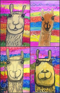 two llamas and an alpaca are featured in this colorful art project