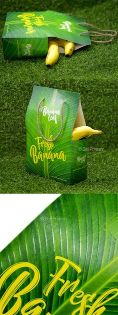 the packaging design for banana juice is shown in three different angles, including green and yellow