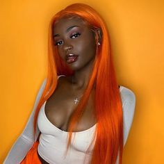 Orange Lace Front Wig Colorful Lace Front Wigs, T Part Wig, Hair Color For Dark Skin, Straight Human Hair Wig, Hair Colorful, Ginger Hair Color, Wig Straight, Wig Ideas, Lace Fronts